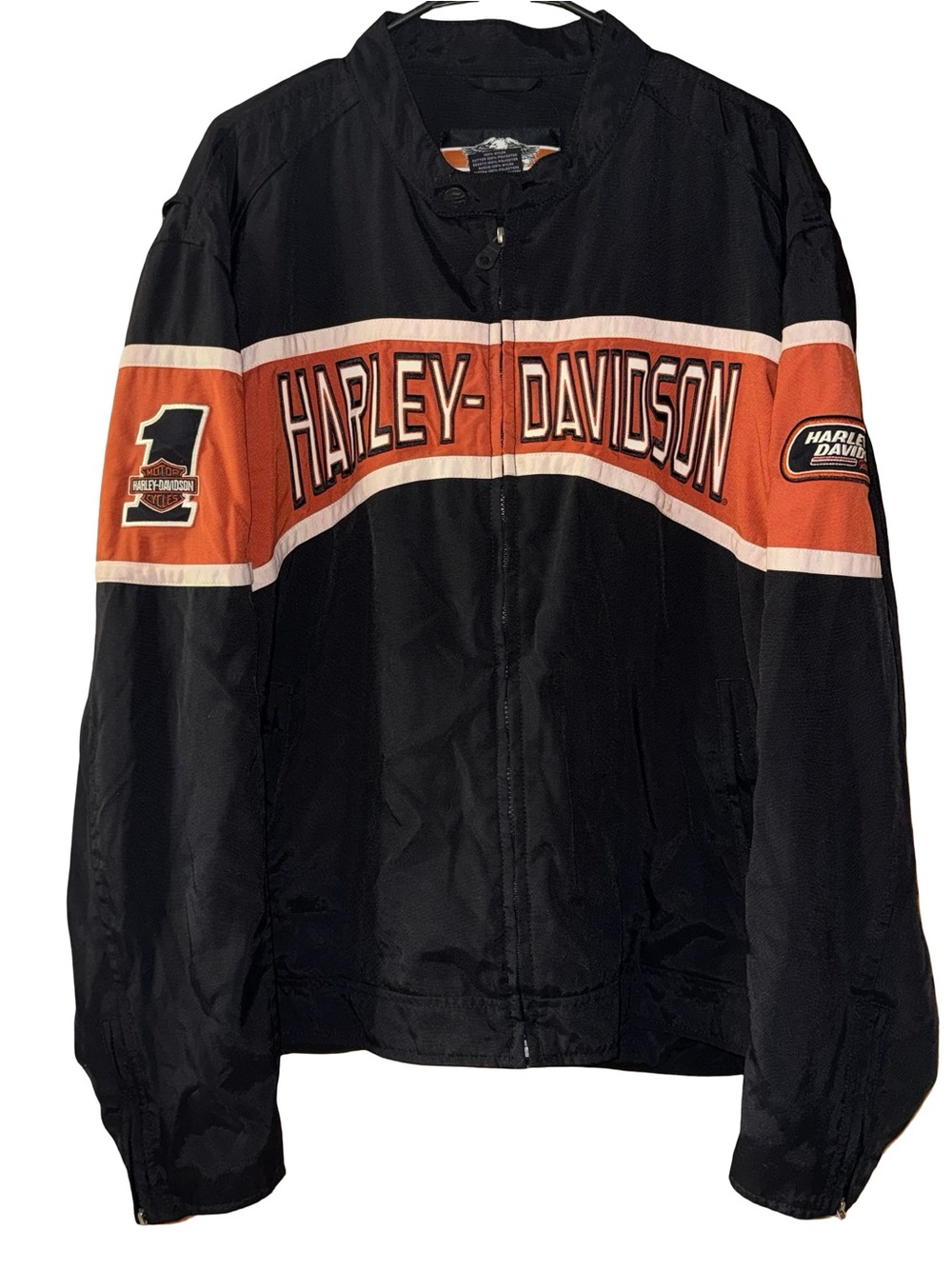 VTG Harley Davidson Racing Jacket Nylon Bomber Mens 2XL Black Orange Biker Moto